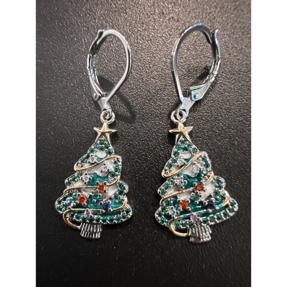 Christmas Tree Earrings With Colorful Rhinestones & Leverback Closure - Picture 5 of 6